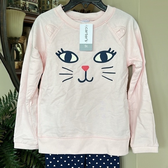 Brand New Carter’s 2-Piece Set Pink Kitty Cat Sweatshirt & Navy Heart Leggings - Picture 2 of 12